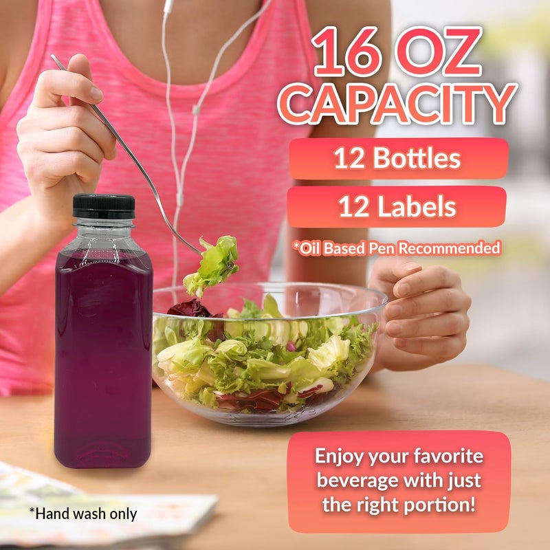 Reli. . Plastic Juice Bottles [12 Pack] [16 oz] Square 16 oz Plastic Bottles with Caps & Sticker Labels | Clear, Empty for Drinks 16oz | Disposable, Reusable Containers for Juicing, Smoothies - Image 2